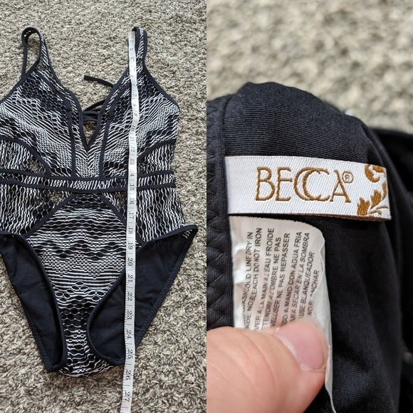 Becca black white mesh semi sheer low cut one piece swimsuit M - Picture 8 of 13